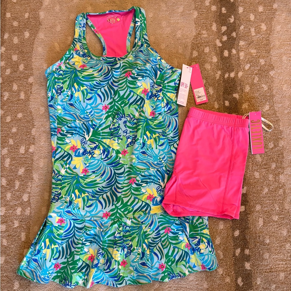 Lilly Pulitzer Tropical Leaf Racerback Active Dress with Hot Pink Shorts